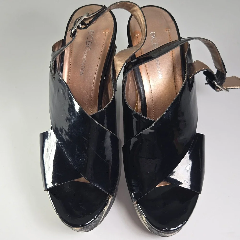 BCBGeneration Black Patent Leather Wedge Sandals Ankle Strap Size 7.5